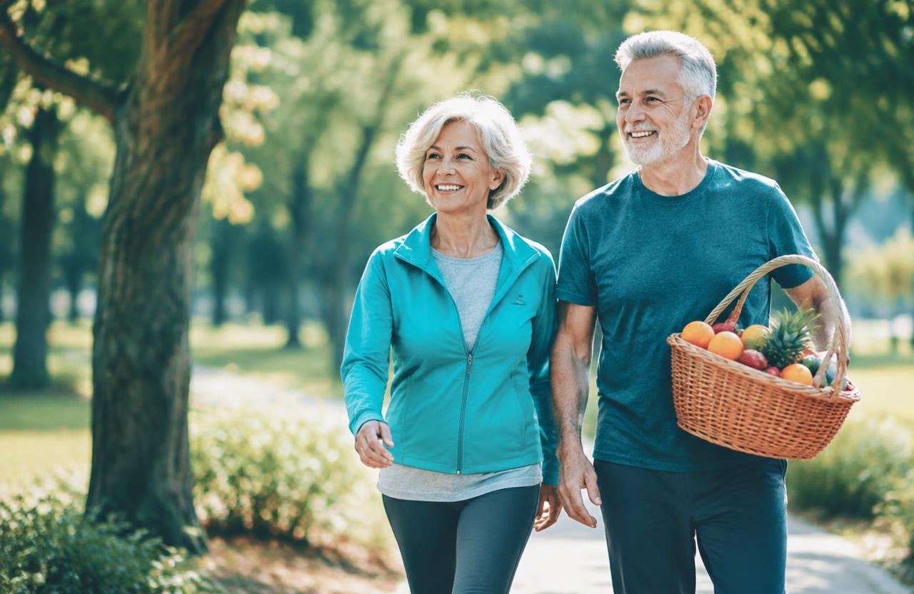 Seniors walking in a park